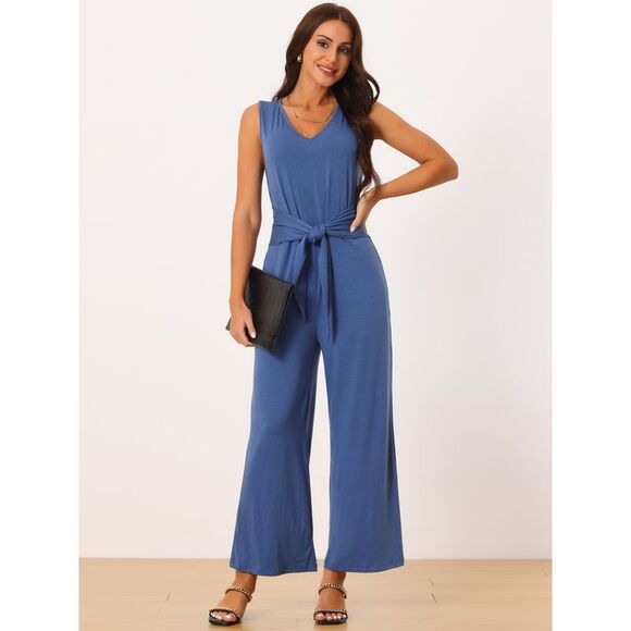Sleeveless Tie Waist Stretchy Long Pant Romper Jumpsuit with Pockets Blue - Picture 3 of 5
